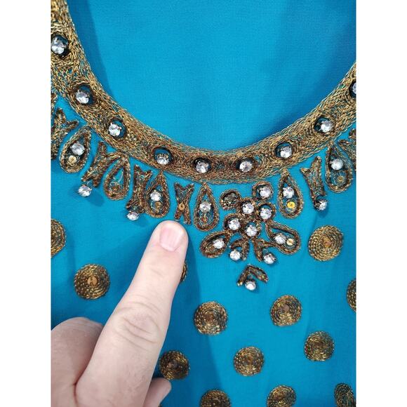 Indian Blue Sequin Jeweled Gold XL Embroidered Tunic Top Turquoise Ornate Saree - Picture 2 of 8